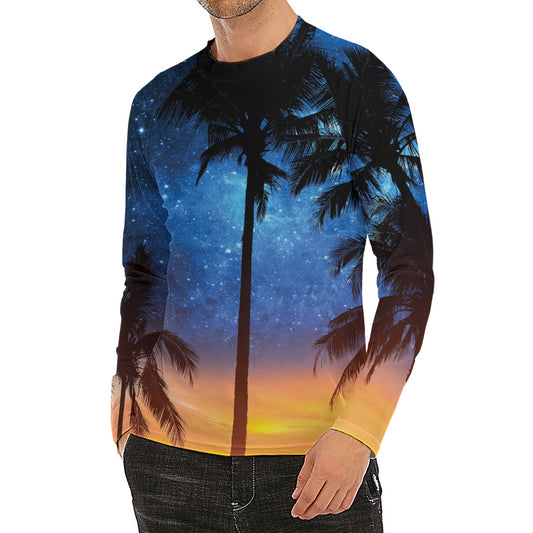 Night Sunset Sky And Palm Trees Print Men's Long Sleeve Rash Guard