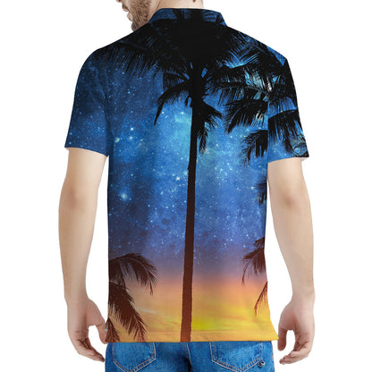 Night Sunset Sky And Palm Trees Print Men's Polo Shirt