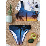 Night Sunset Sky And Palm Trees Print One Shoulder Bikini Top