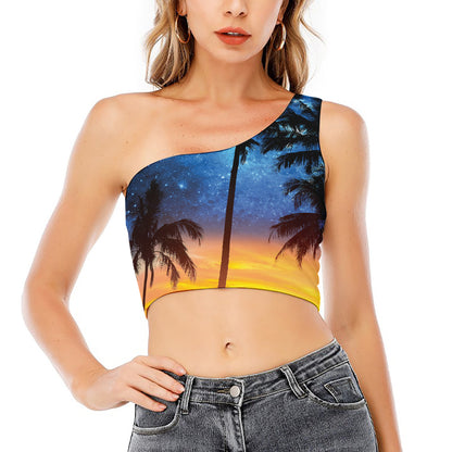 Night Sunset Sky And Palm Trees Print One Shoulder Crop Top