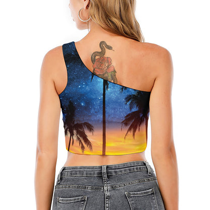 Night Sunset Sky And Palm Trees Print One Shoulder Crop Top