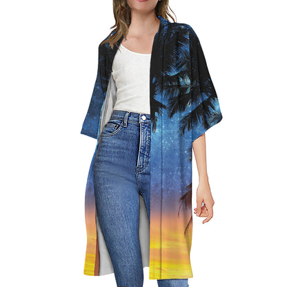 Night Sunset Sky And Palm Trees Print Open Front Beach Cover Up