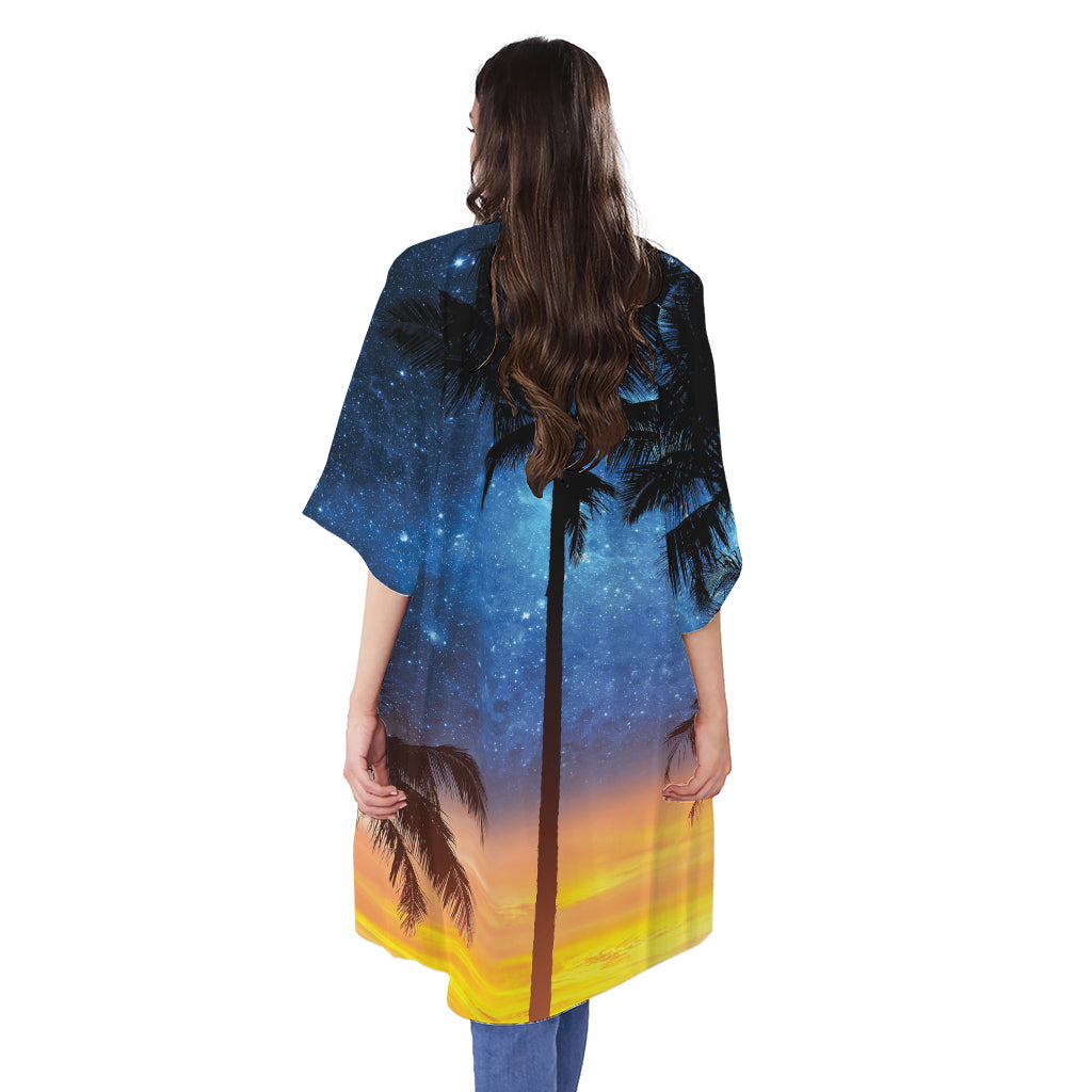 Night Sunset Sky And Palm Trees Print Open Front Beach Cover Up