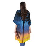 Night Sunset Sky And Palm Trees Print Open Front Beach Cover Up