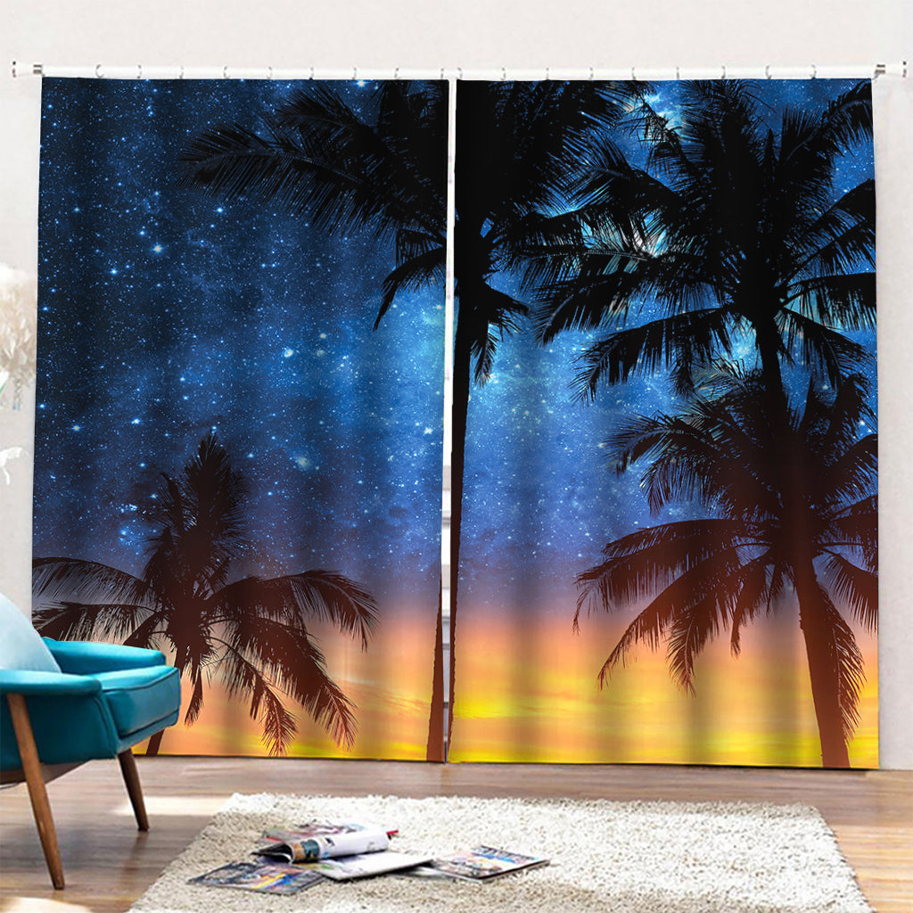Night Sunset Sky And Palm Trees Print Pencil Pleat Curtains