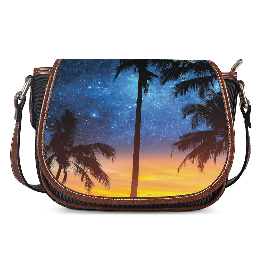 Night Sunset Sky And Palm Trees Print Saddle Bag