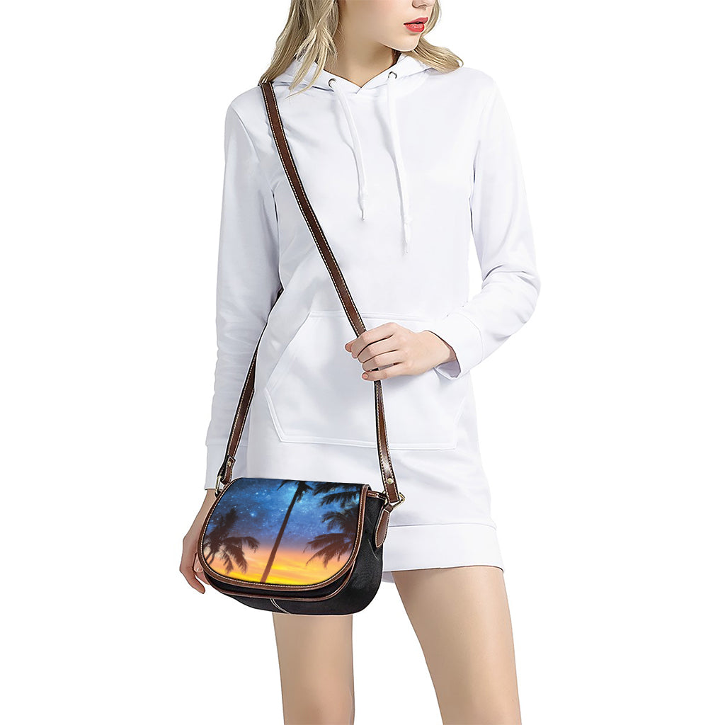 Night Sunset Sky And Palm Trees Print Saddle Bag