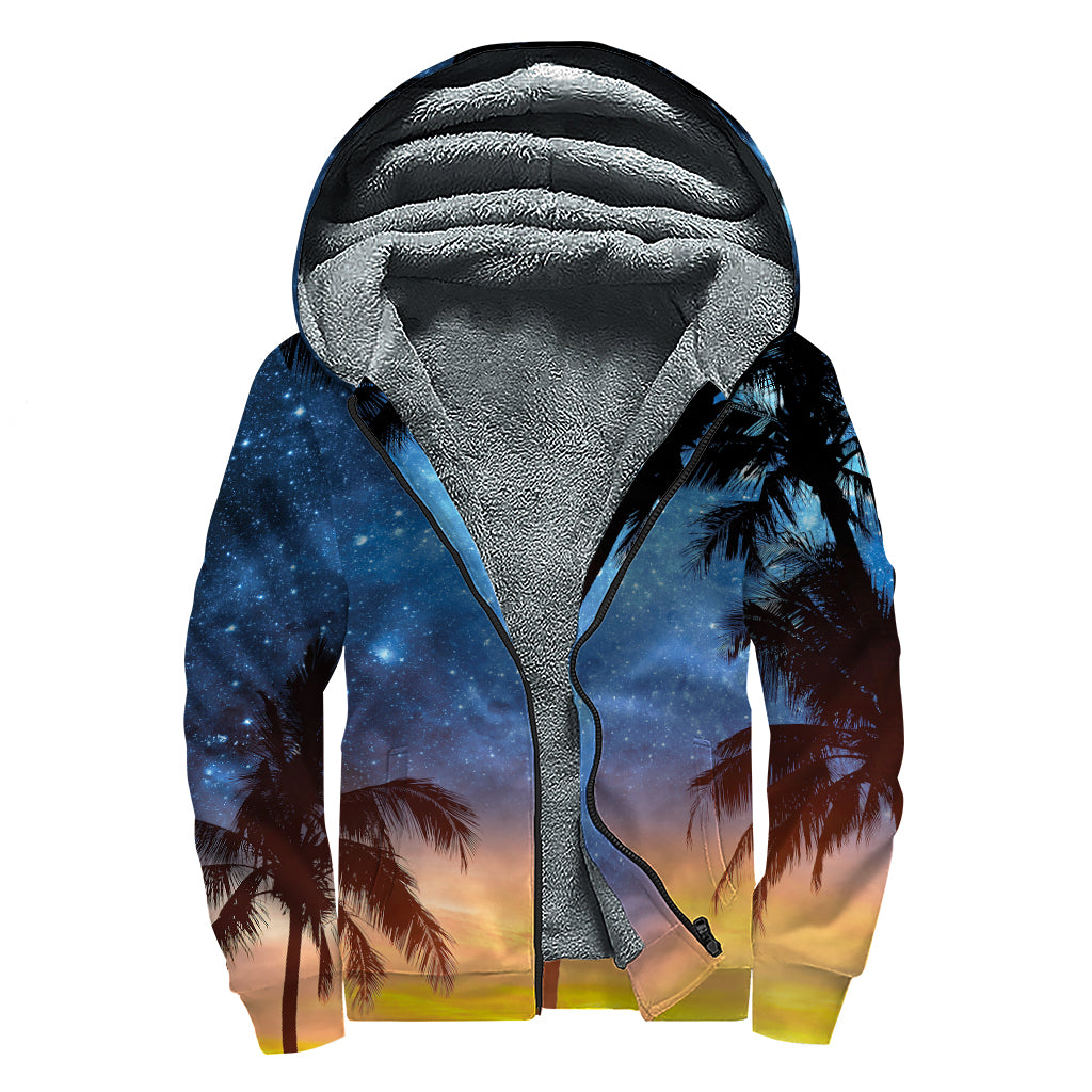 Night Sunset Sky And Palm Trees Print Sherpa Lined Zip Up Hoodie