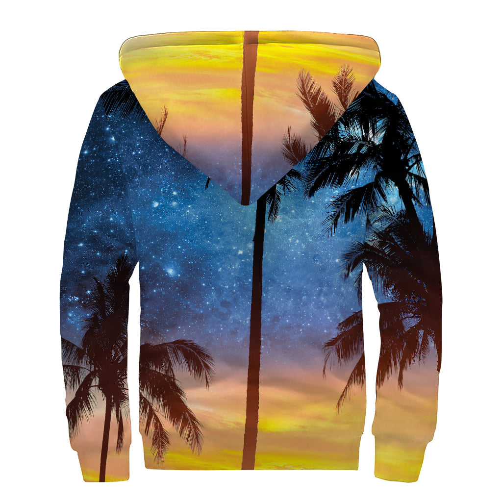 Night Sunset Sky And Palm Trees Print Sherpa Lined Zip Up Hoodie