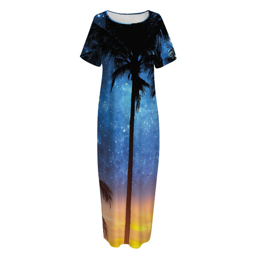 Night Sunset Sky And Palm Trees Print Short Sleeve Long Nightdress