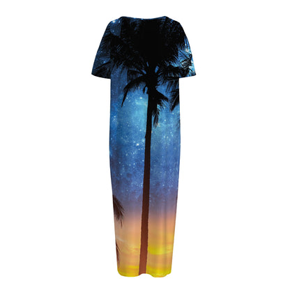 Night Sunset Sky And Palm Trees Print Short Sleeve Long Nightdress