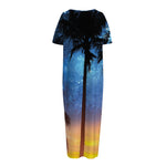 Night Sunset Sky And Palm Trees Print Short Sleeve Long Nightdress