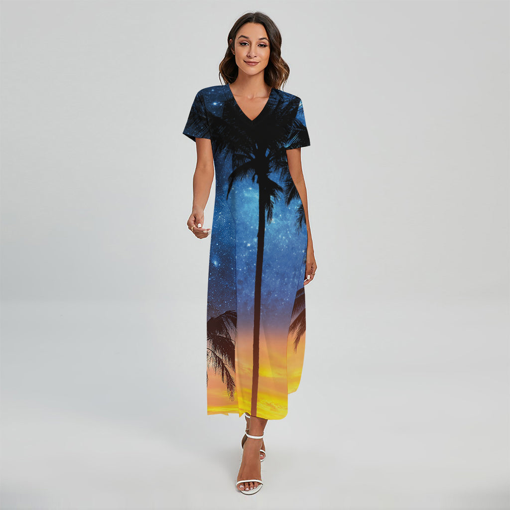 Night Sunset Sky And Palm Trees Print Short Sleeve Maxi Dress
