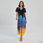 Night Sunset Sky And Palm Trees Print Short Sleeve Maxi Dress