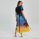 Night Sunset Sky And Palm Trees Print Short Sleeve Maxi Dress