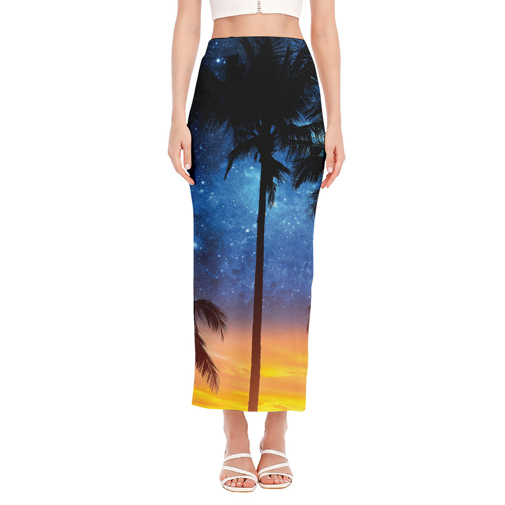 Night Sunset Sky And Palm Trees Print Side Slit Maxi Skirt
