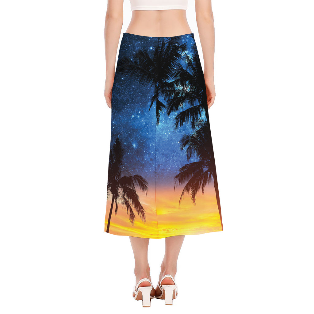 Night Sunset Sky And Palm Trees Print Side Slit Midi Skirt