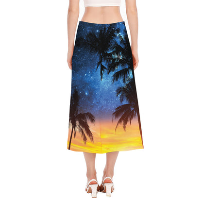 Night Sunset Sky And Palm Trees Print Side Slit Midi Skirt
