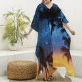 Night Sunset Sky And Palm Trees Print Silk V-Neck Kaftan Dress