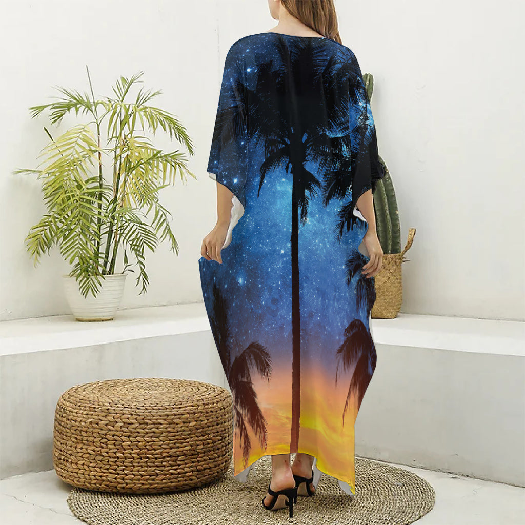 Night Sunset Sky And Palm Trees Print Silk V-Neck Kaftan Dress