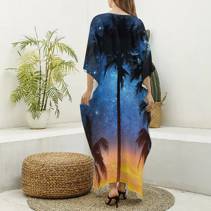 Night Sunset Sky And Palm Trees Print Silk V-Neck Kaftan Dress