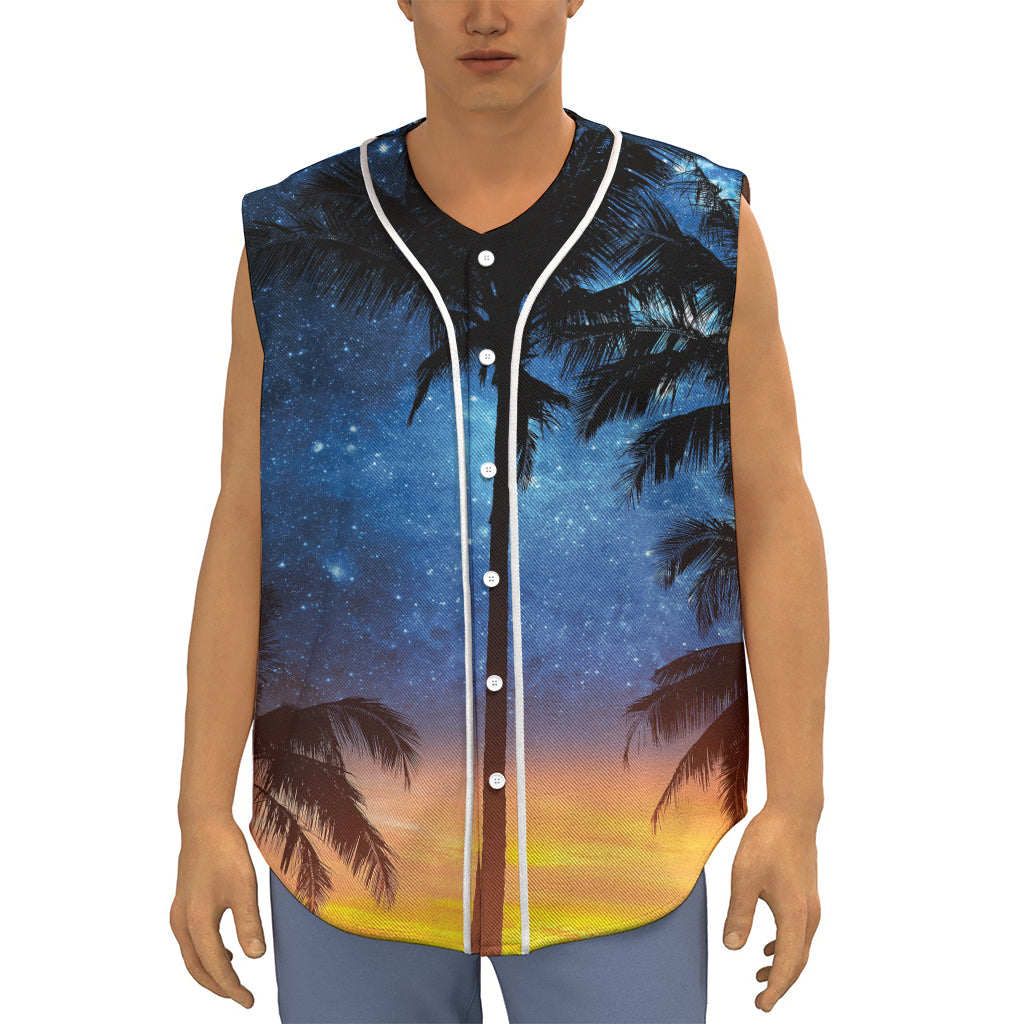 Night Sunset Sky And Palm Trees Print Sleeveless Baseball Jersey