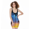 Night Sunset Sky And Palm Trees Print Sleeveless Bodycon Dress