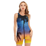 Night Sunset Sky And Palm Trees Print Sleeveless One Piece Swimsuit