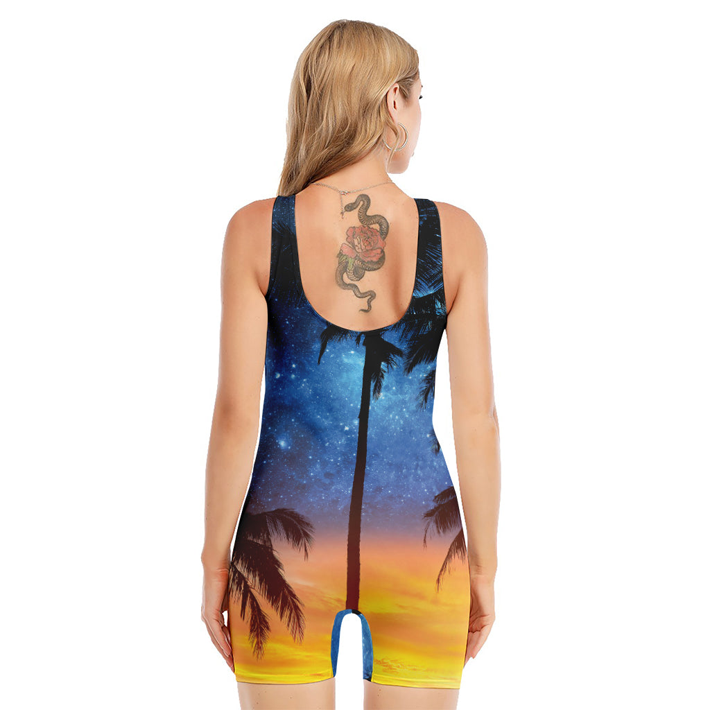 Night Sunset Sky And Palm Trees Print Sleeveless One Piece Swimsuit