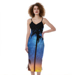 Night Sunset Sky And Palm Trees Print Slim Fit Midi Cami Dress