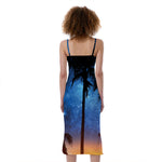 Night Sunset Sky And Palm Trees Print Slim Fit Midi Cami Dress