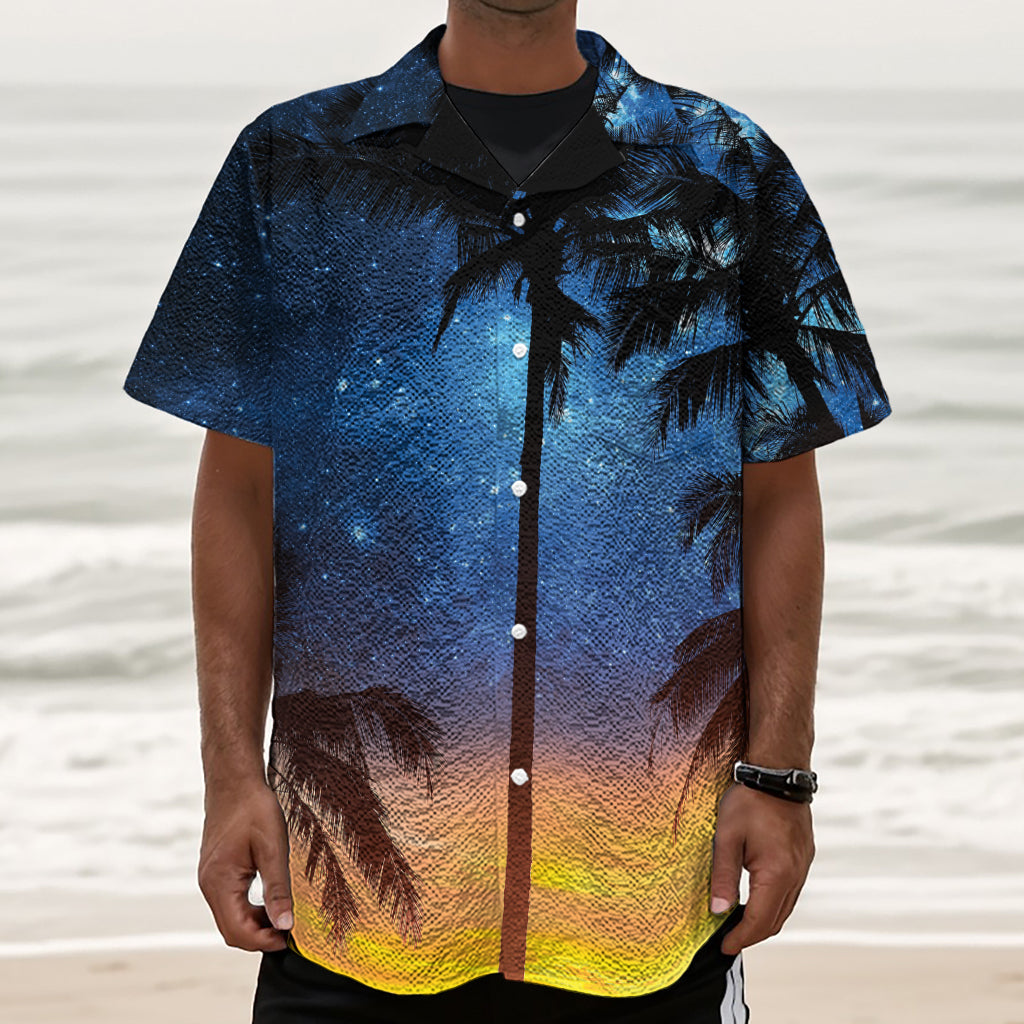 Night Sunset Sky And Palm Trees Print Textured Short Sleeve Shirt