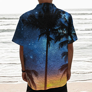 Night Sunset Sky And Palm Trees Print Textured Short Sleeve Shirt