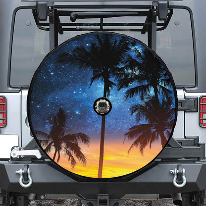 Night Sunset Sky And Palm Trees Print Tire Cover With Camera Hole