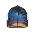 Night Sunset Sky And Palm Trees Print White Mesh Trucker Hat