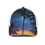 Night Sunset Sky And Palm Trees Print White Mesh Trucker Cap