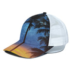 Night Sunset Sky And Palm Trees Print White Mesh Trucker Cap