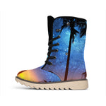 Night Sunset Sky And Palm Trees Print Winter Boots