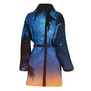 Night Sunset Sky And Palm Trees Print Women's Bathrobe