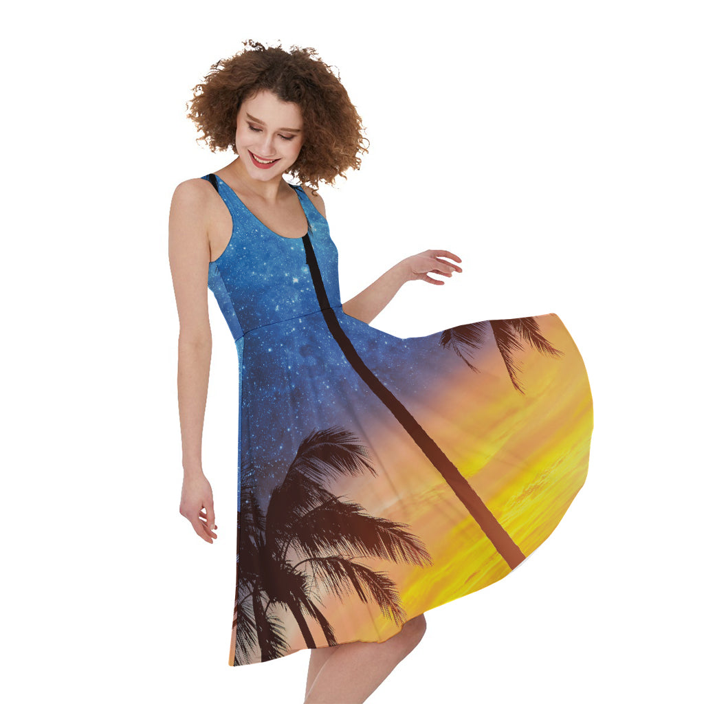 Night Sunset Sky And Palm Trees Print Women's Sleeveless Dress