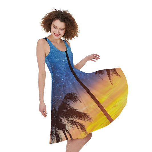 Night Sunset Sky And Palm Trees Print Women's Sleeveless Dress