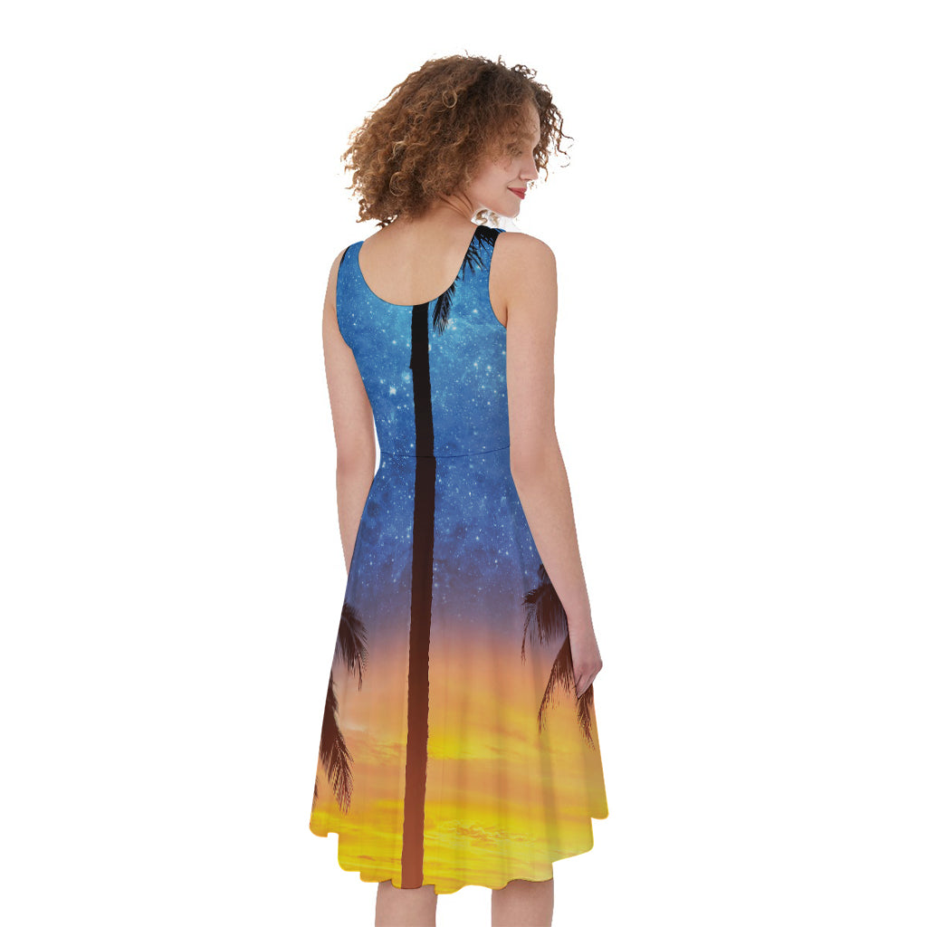 Night Sunset Sky And Palm Trees Print Women's Sleeveless Dress