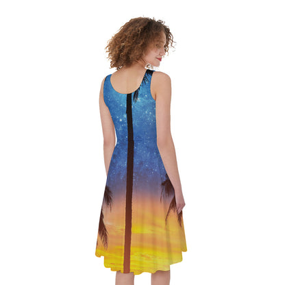 Night Sunset Sky And Palm Trees Print Women's Sleeveless Dress