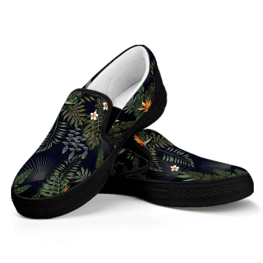 Night Tropical Hawaii Pattern Print Black Slip On Sneakers