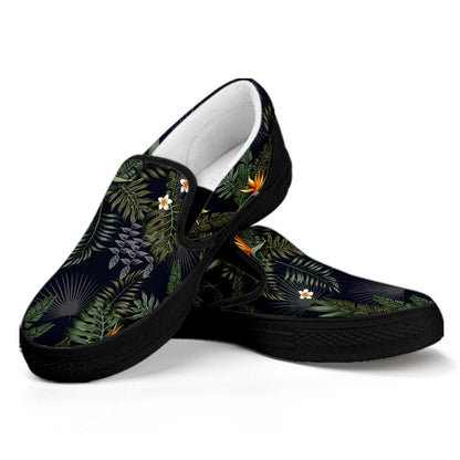 Night Tropical Hawaii Pattern Print Black Slip On Sneakers