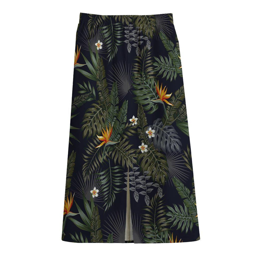 Night Tropical Hawaii Pattern Print Cotton Front Slit Maxi Skirt