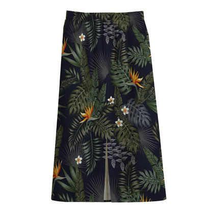 Night Tropical Hawaii Pattern Print Cotton Front Slit Maxi Skirt
