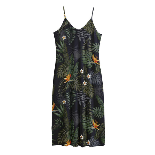 Night Tropical Hawaii Pattern Print Jersey Midi Cami Dress