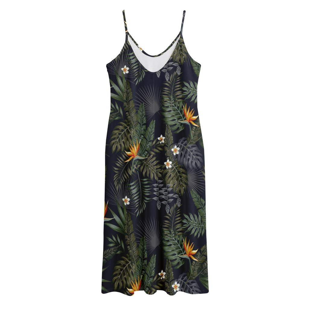 Night Tropical Hawaii Pattern Print Jersey Midi Cami Dress