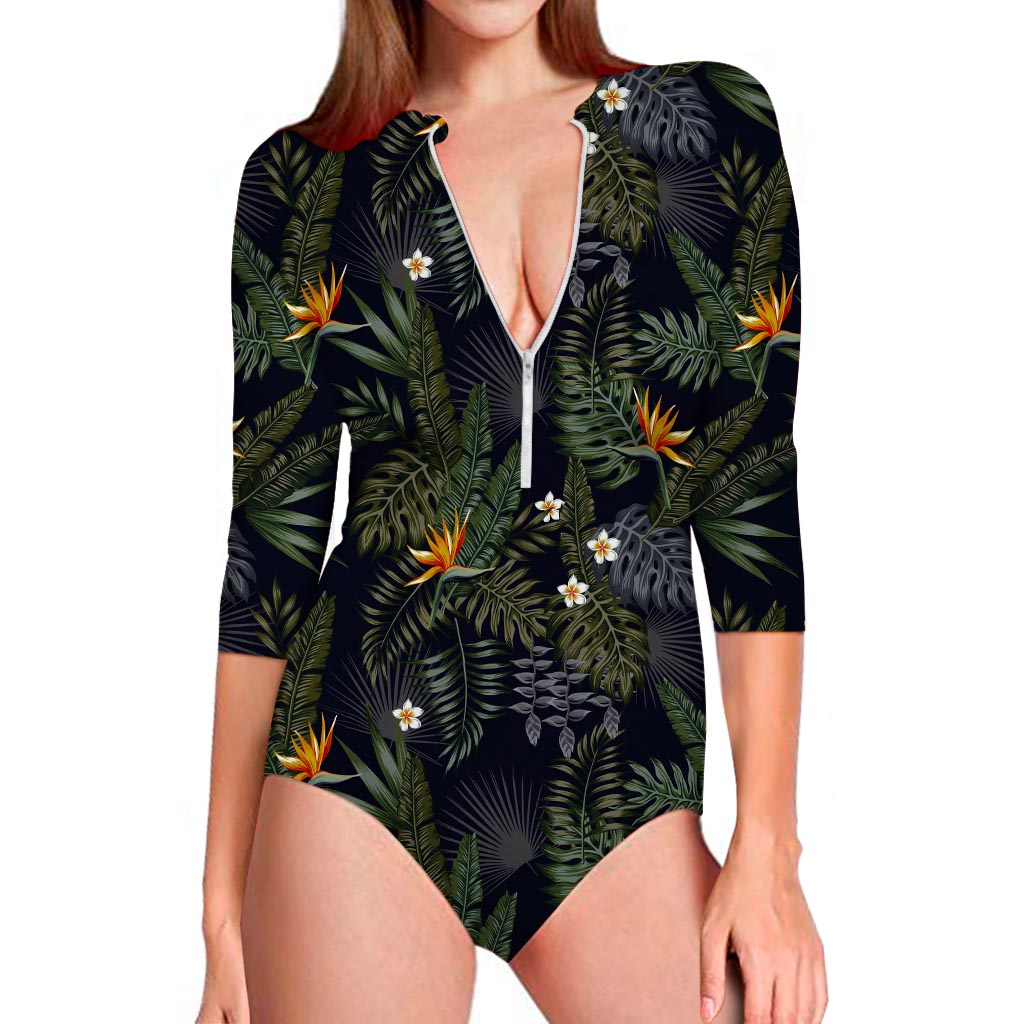 Night Tropical Hawaii Pattern Print Long Sleeve Swimsuit